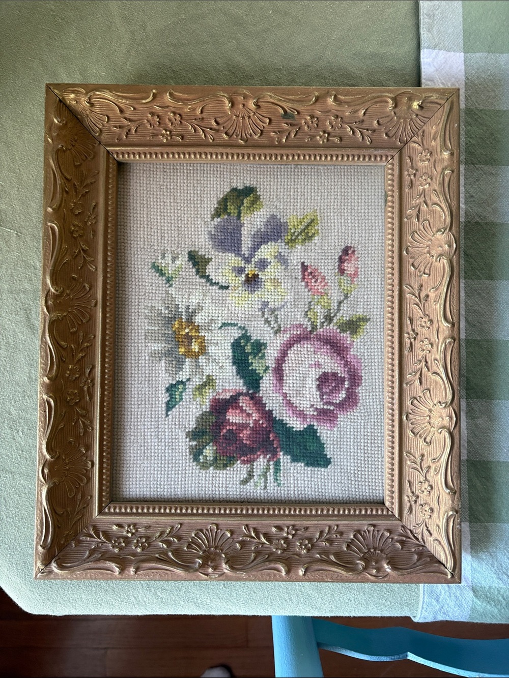 12x14 Vintage Floral Needlepoint Wall Art in Pink, Green, Purple and Gold